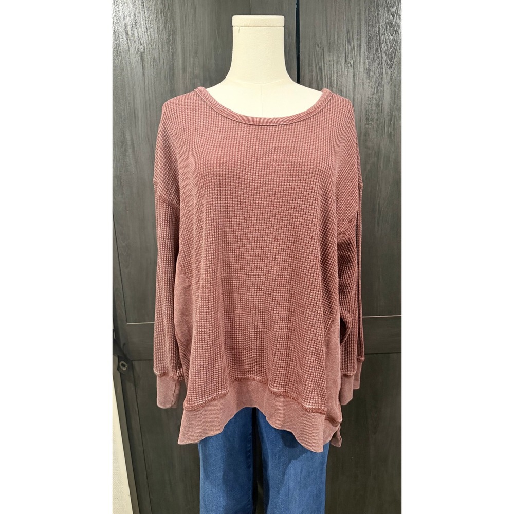 C&C California Womens 1X Plus Washed Cranberry Cotton Waffle Thermal Top